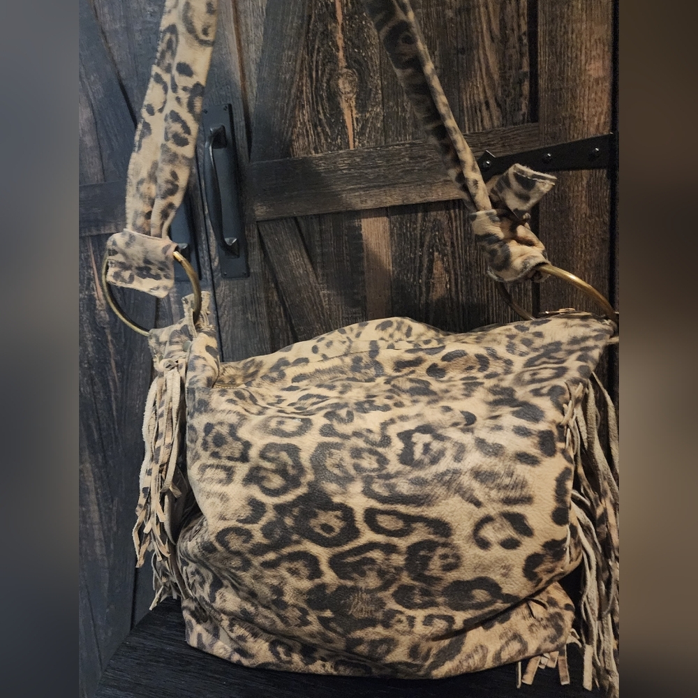 Leather Leopard Print Fringe Women's Bag - Picture 2 of 16
